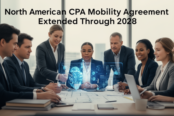 Editorial featured image about CPA mobility agreement extension from "North American CPA Mobility Agreement Extended Through 2028". A group of accountants