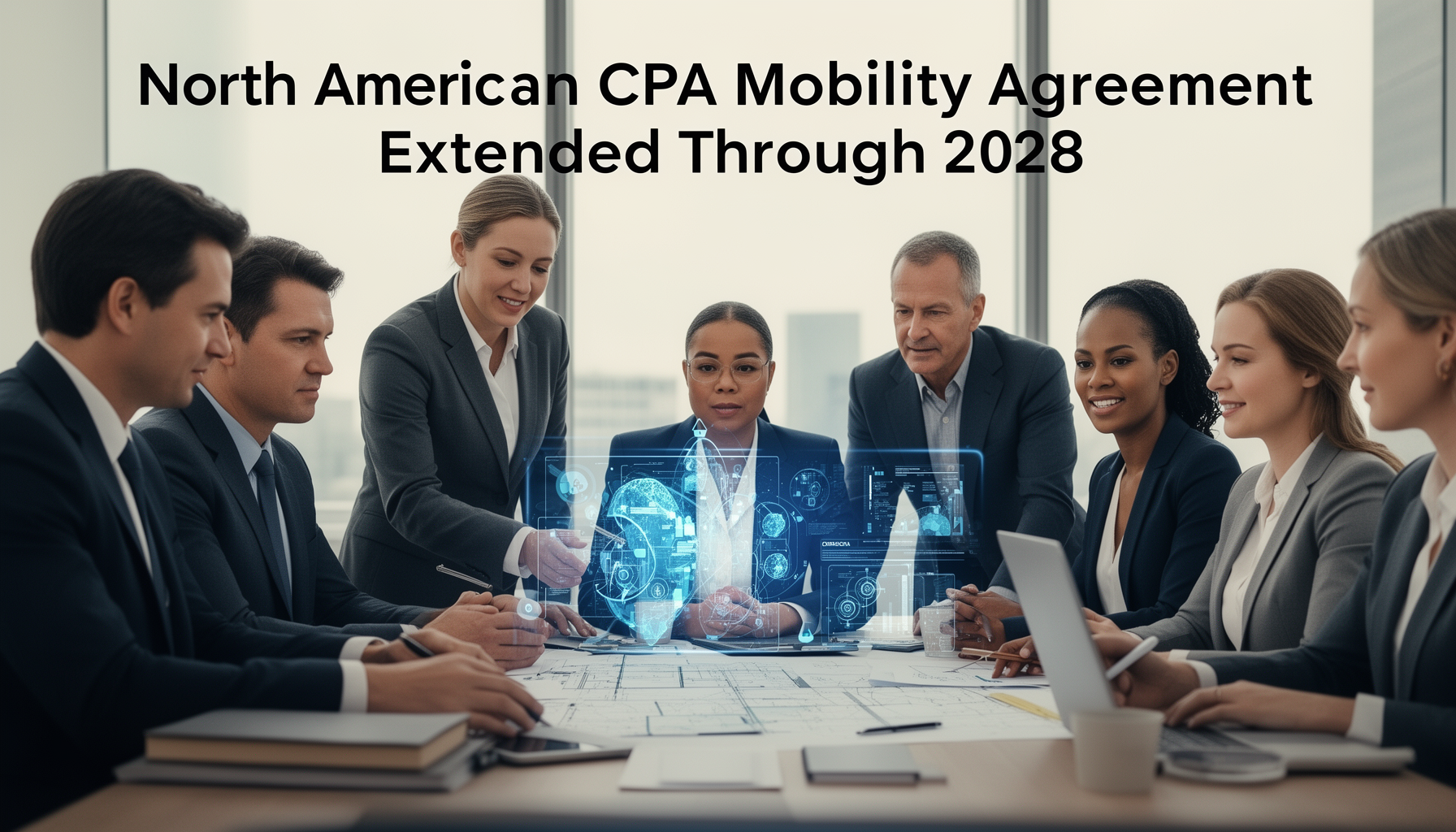 Editorial featured image about CPA mobility agreement extension from "North American CPA Mobility Agreement Extended Through 2028". A group of accountants